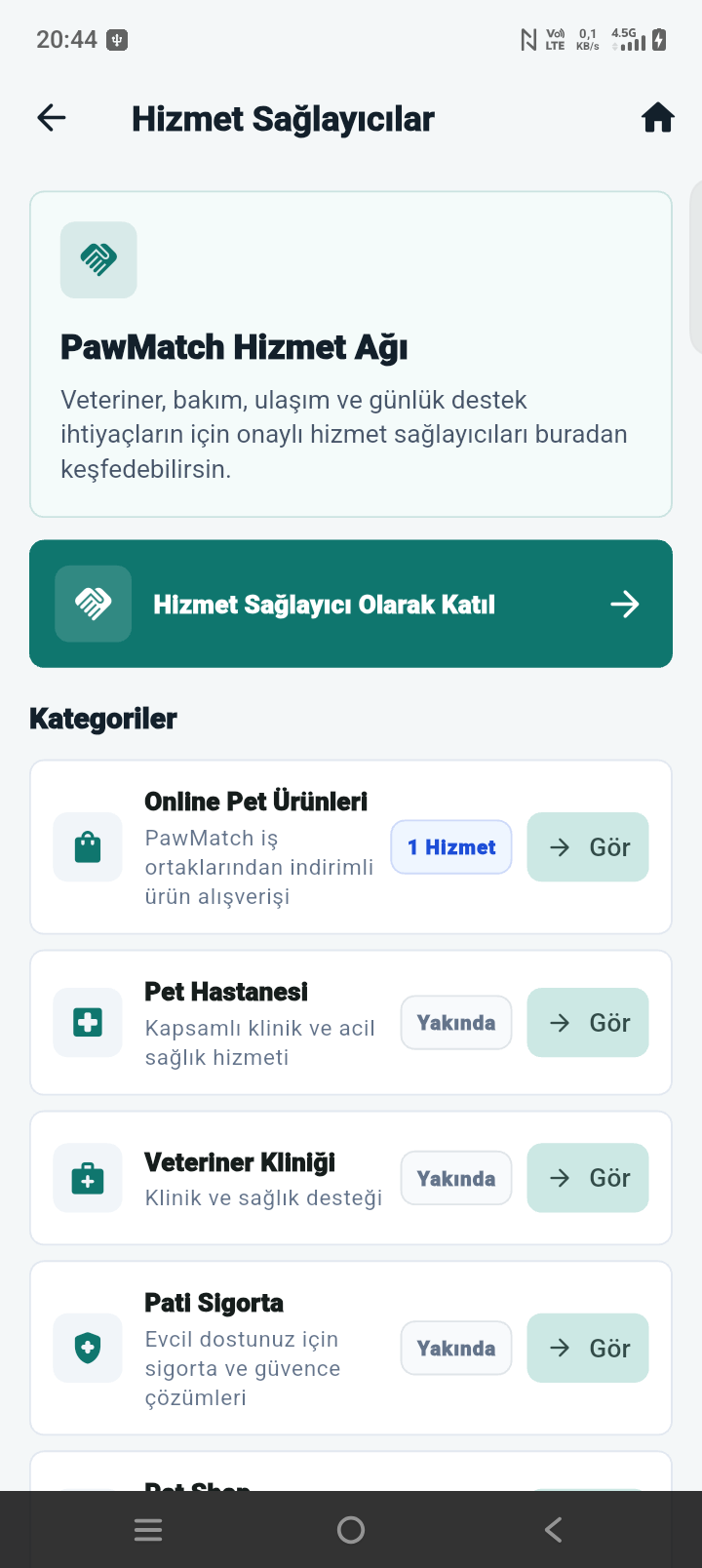 PawMatch hizmet sağlayıcılar ekranı