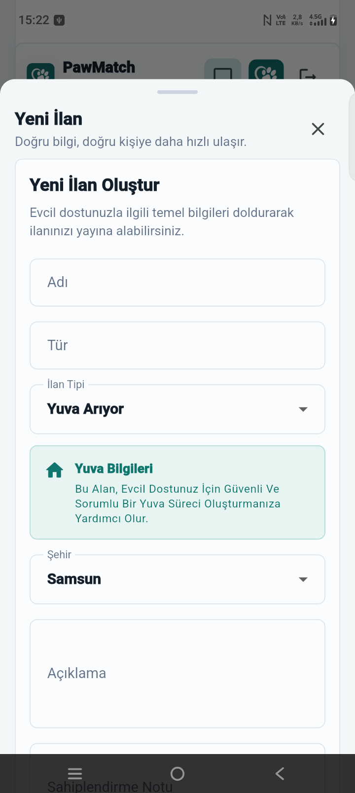 PawMatch ilan oluşturma ekranı