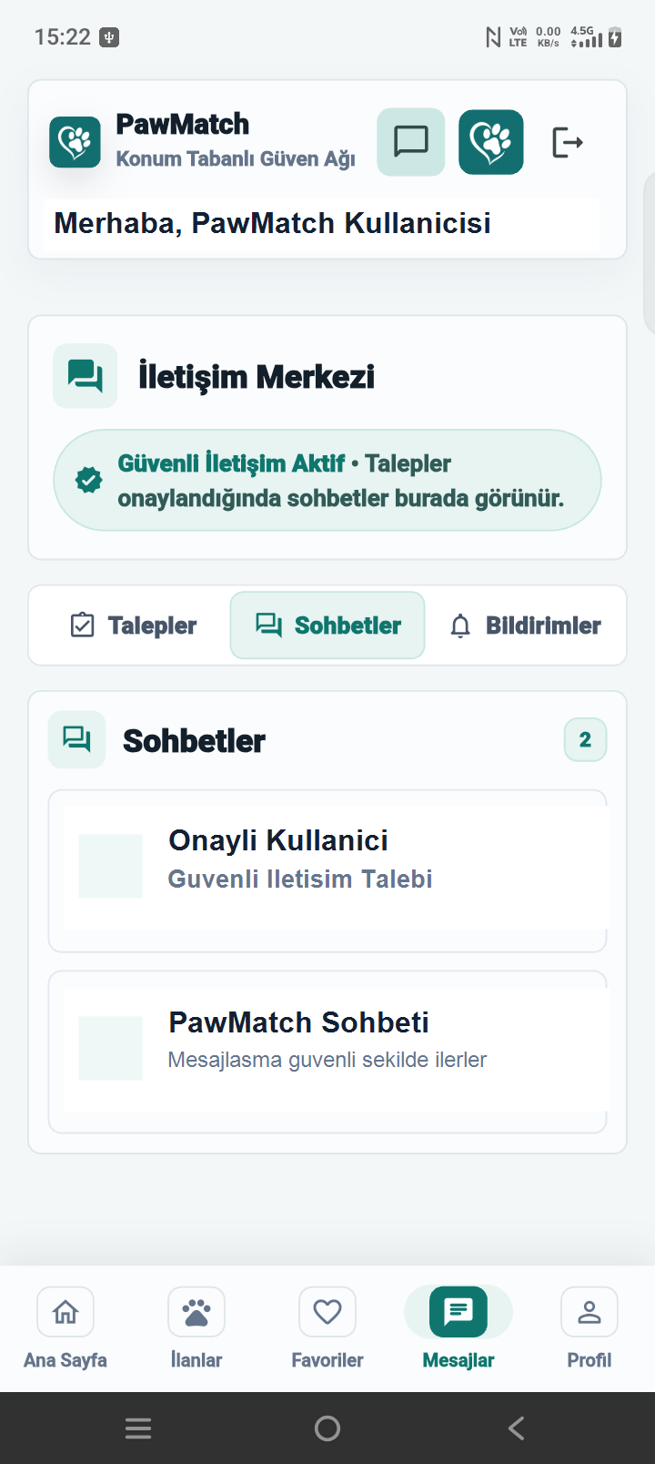 PawMatch iletişim merkezi ekranı