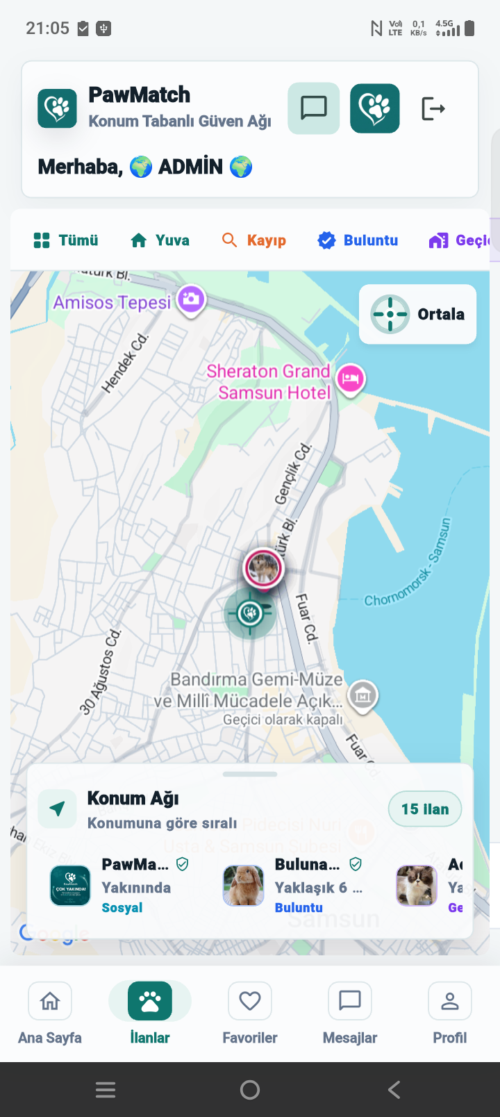 PawMatch Konum Ağı ve harita ekranı